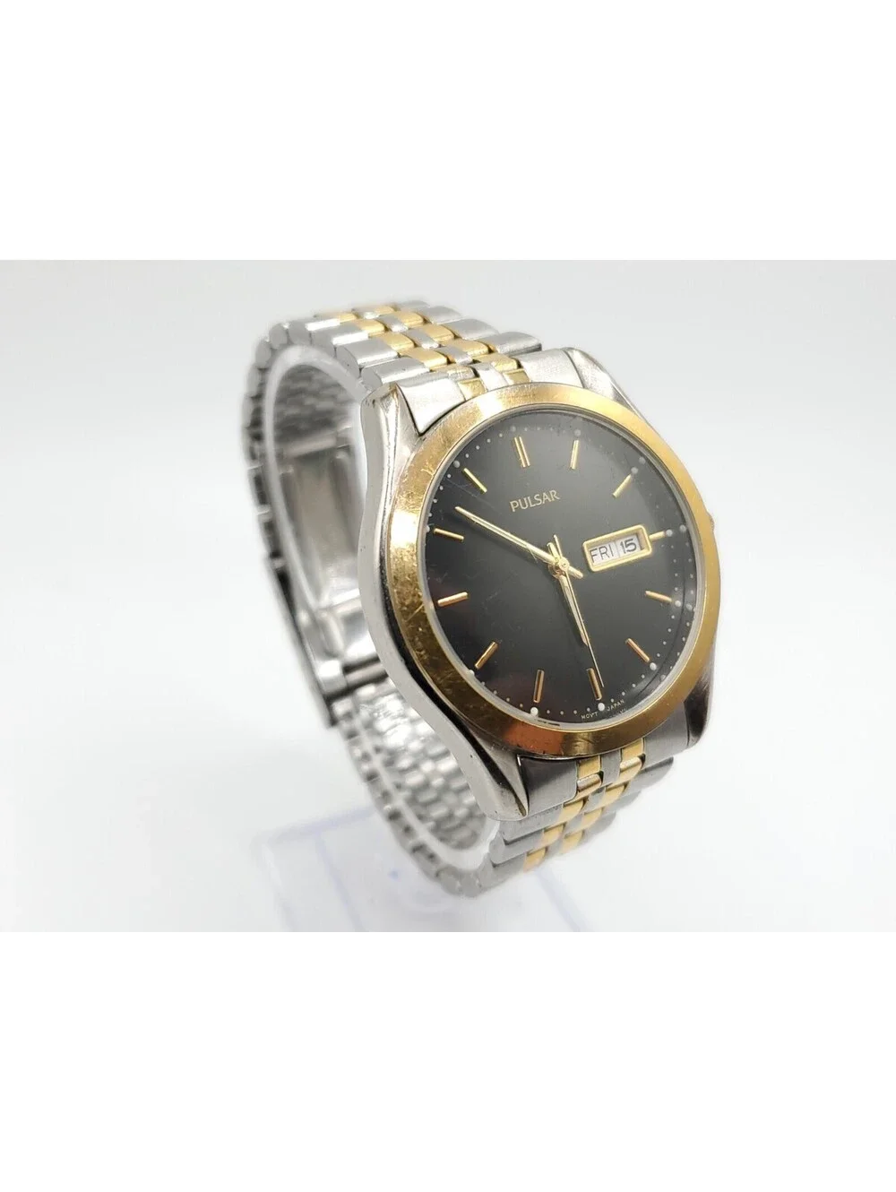 Vintage Pulsar Quartz Mens Watch New Battery Two-Tone Black Day/Date Dial 37mm